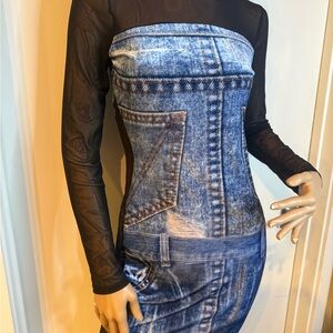 Fashion Nova Denim Print Dress with Black Mesh Sleeves